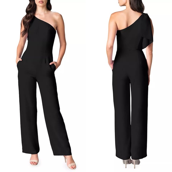 NEW DRESS THE POPULATION Black TIFFANY One Shoulder CREPE Cocktail JUMPSUIT XS - Picture 1 of 14